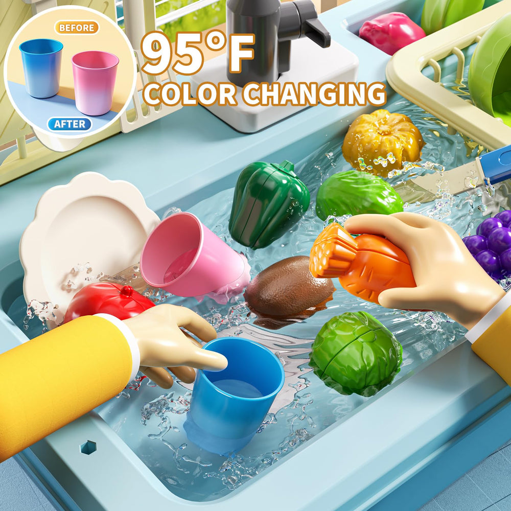 JUKUDAHU Kids kitchen dishes set for imaginative play and organization.