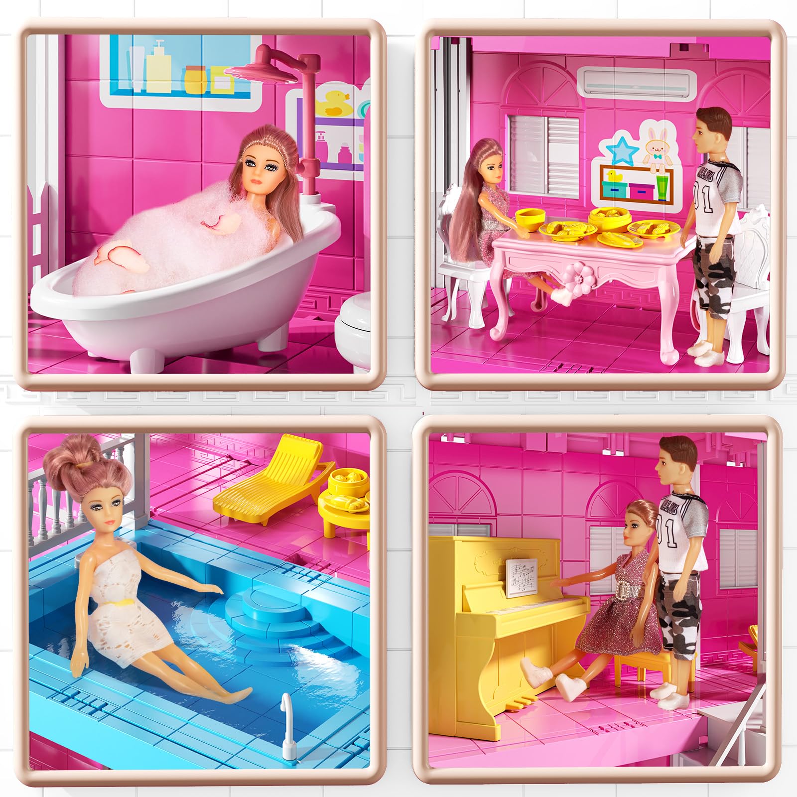 JUKUDAHU Pink Villa Playset bedroom area for cozy role-playing moments.