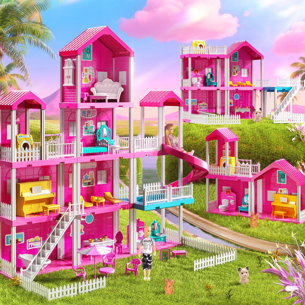 JUKUDAHU Pink Villa Playset open windows for interactive play and storytelling.