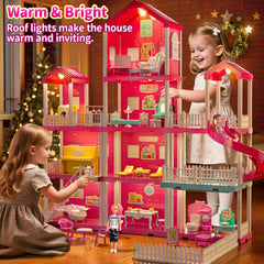 JUKUDAHU Pink Villa Playset showcases kitchen and living room scenes for daily life stories.