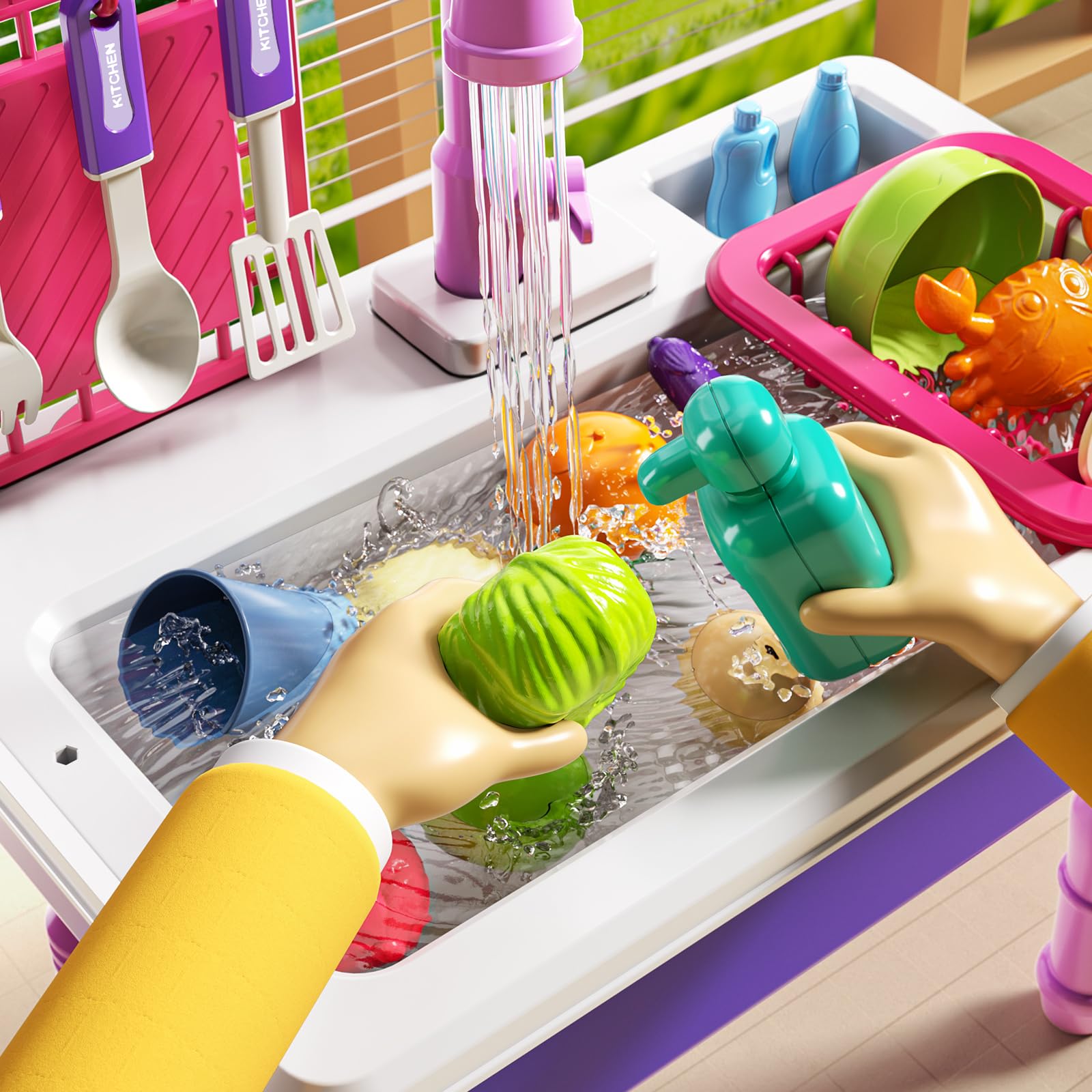 JUKUDAHU Play Sink with 135-degree rotating faucet for lifelike water flow.