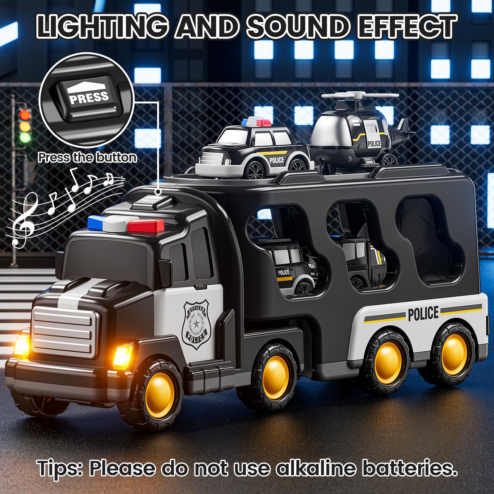 JUKUDAHU Police Truck toy helicopter boosts aerial mission storytelling.