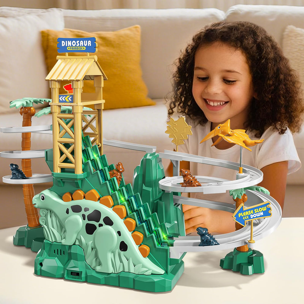 JUKUDAHU Dinosaur cars on track highlight smooth slides for curious climbers