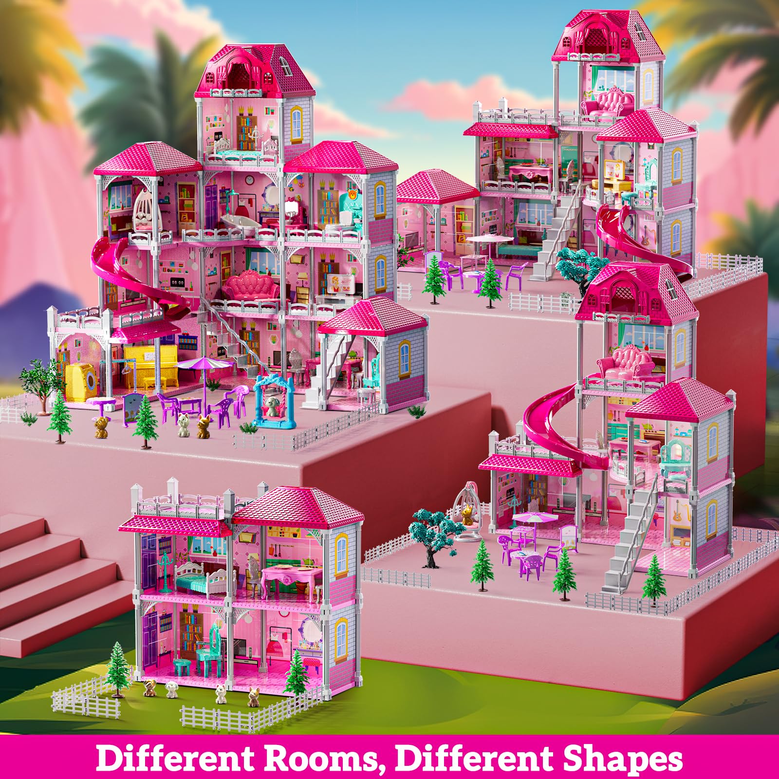 JUKUDAHU Villa Playset includes 2 dolls and 4 dogs for family-role storytelling.