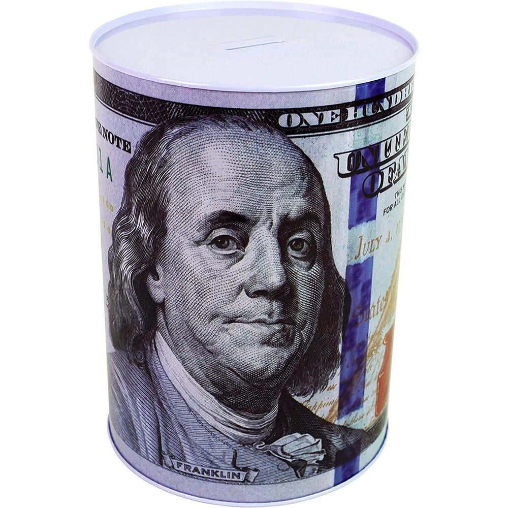 Julysgift 100-dollar-bill-piggy-bank front view promotes secure saving with durable tin.