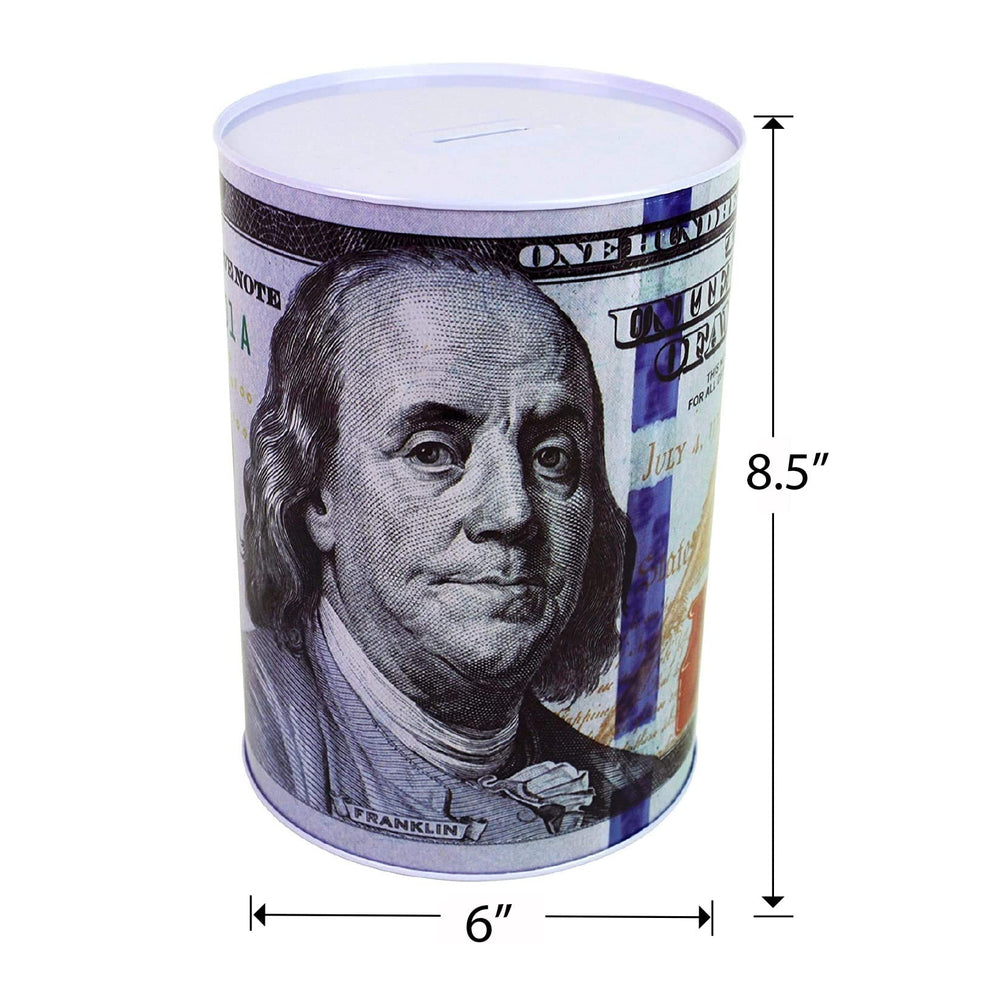 Julysgift 100-dollar-bill-piggy-bank side view highlighting secure design and decorative print.