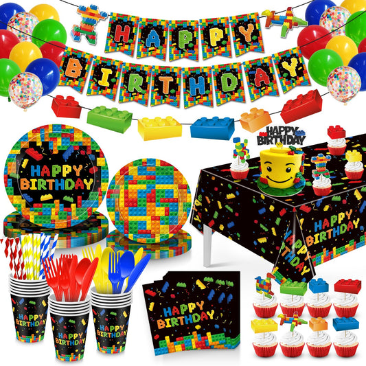 julyshy Building Block banner enhances a colorful birthday backdrop for photos