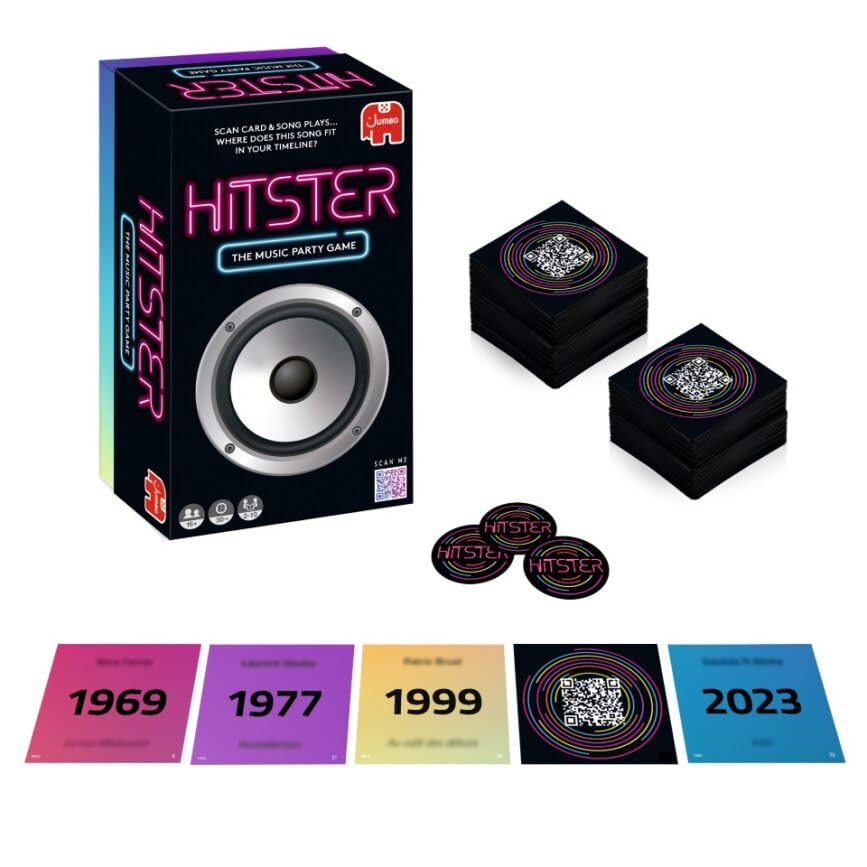 Jumbo Hitster cards spread face-up highlighting diverse song options for parties