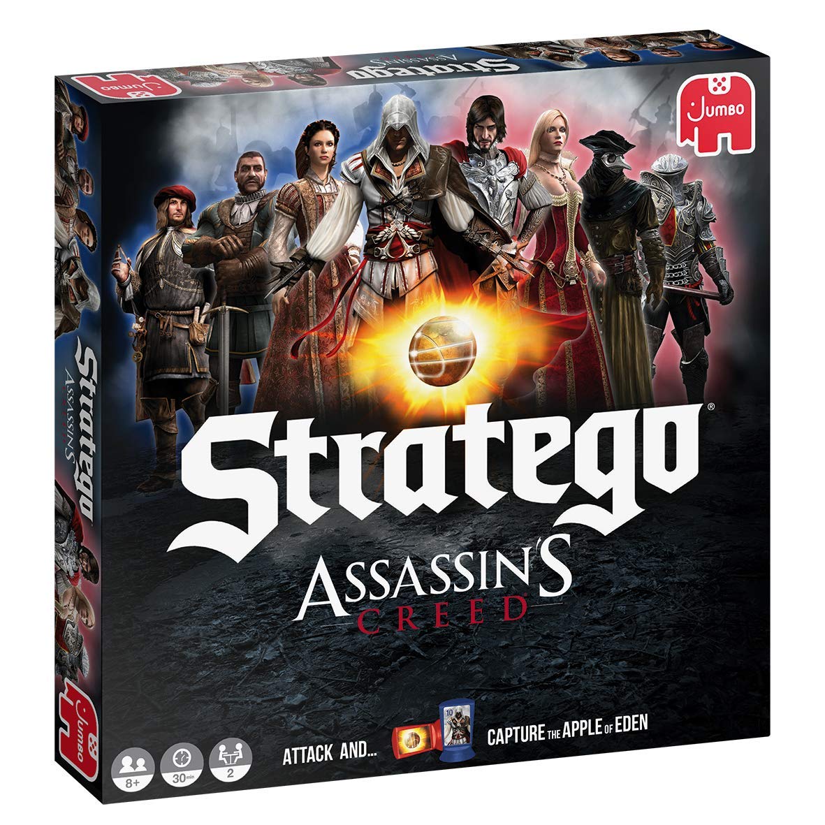Jumbo Stratego Assassin's Creed board—immersive two-player strategy scene