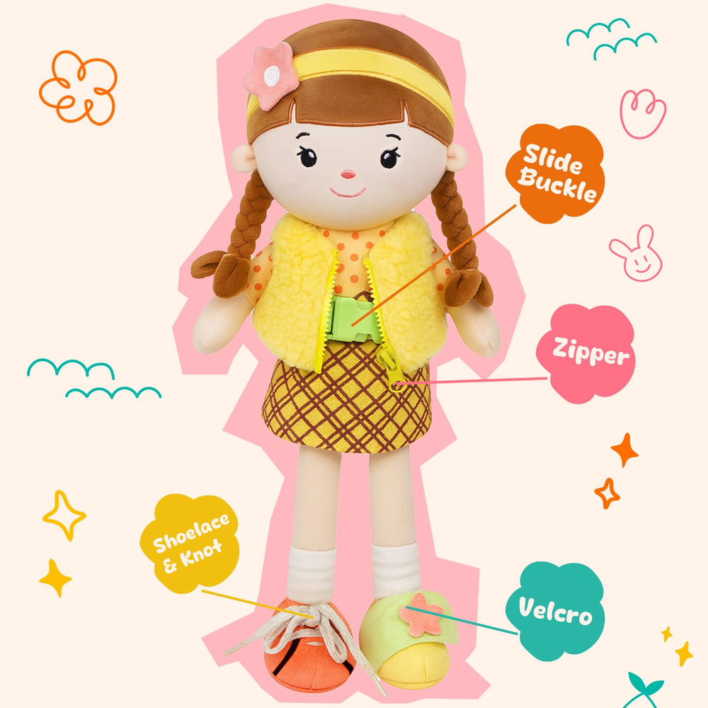 Jumbrace soft doll close-up showing dressing skills with buttons and zips