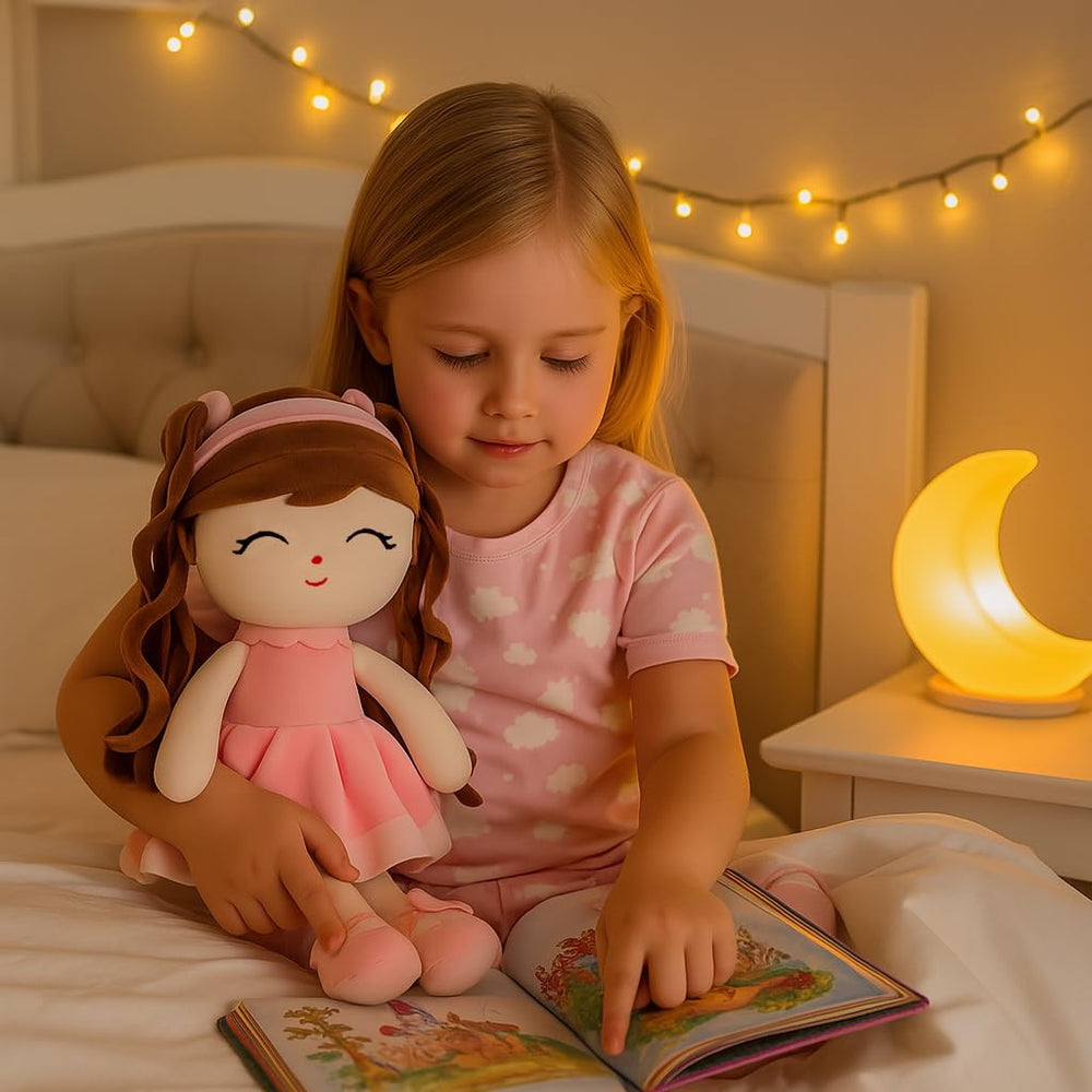 Jumbrace doll with child playing demonstrates imaginative role-play potential.