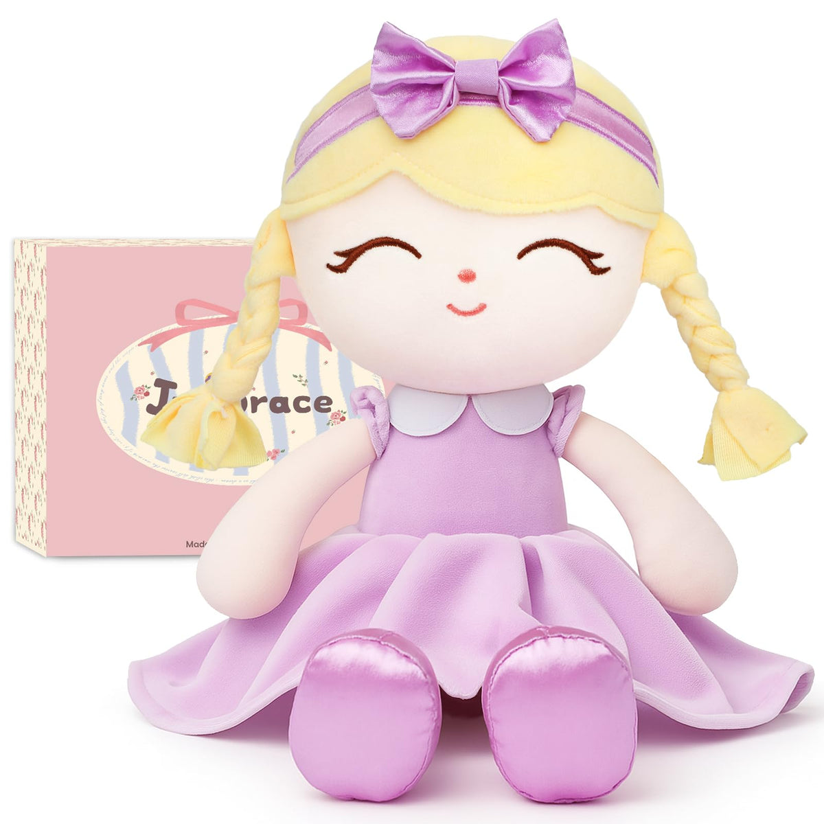Jumbrace 16 inch purple baby doll front view shows cuddly plush texture for safe play