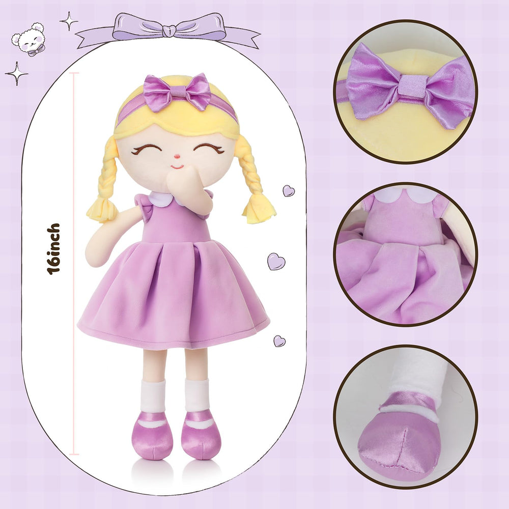 Jumbrace 16 inch purple rag doll in child’s arms demonstrates portable companionship
