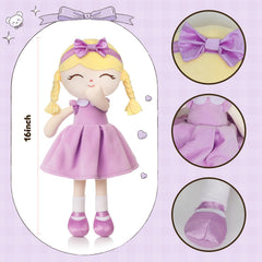 Jumbrace 16 inch purple rag doll in child’s arms demonstrates portable companionship