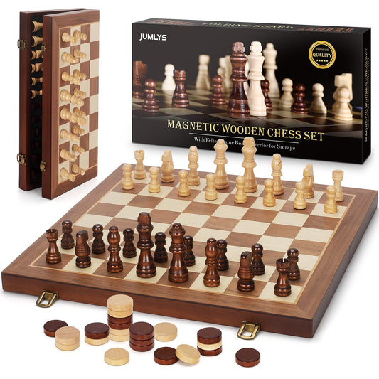Jumlys 2-in-1 magnetic chess and checkers board for travel play.