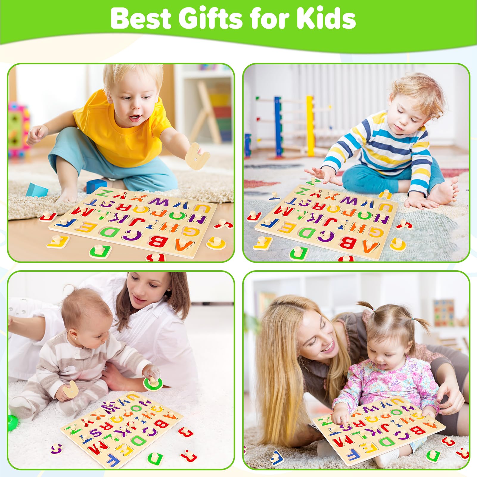 Child playing with Jumlys wooden alphabet puzzle in a calm learning space