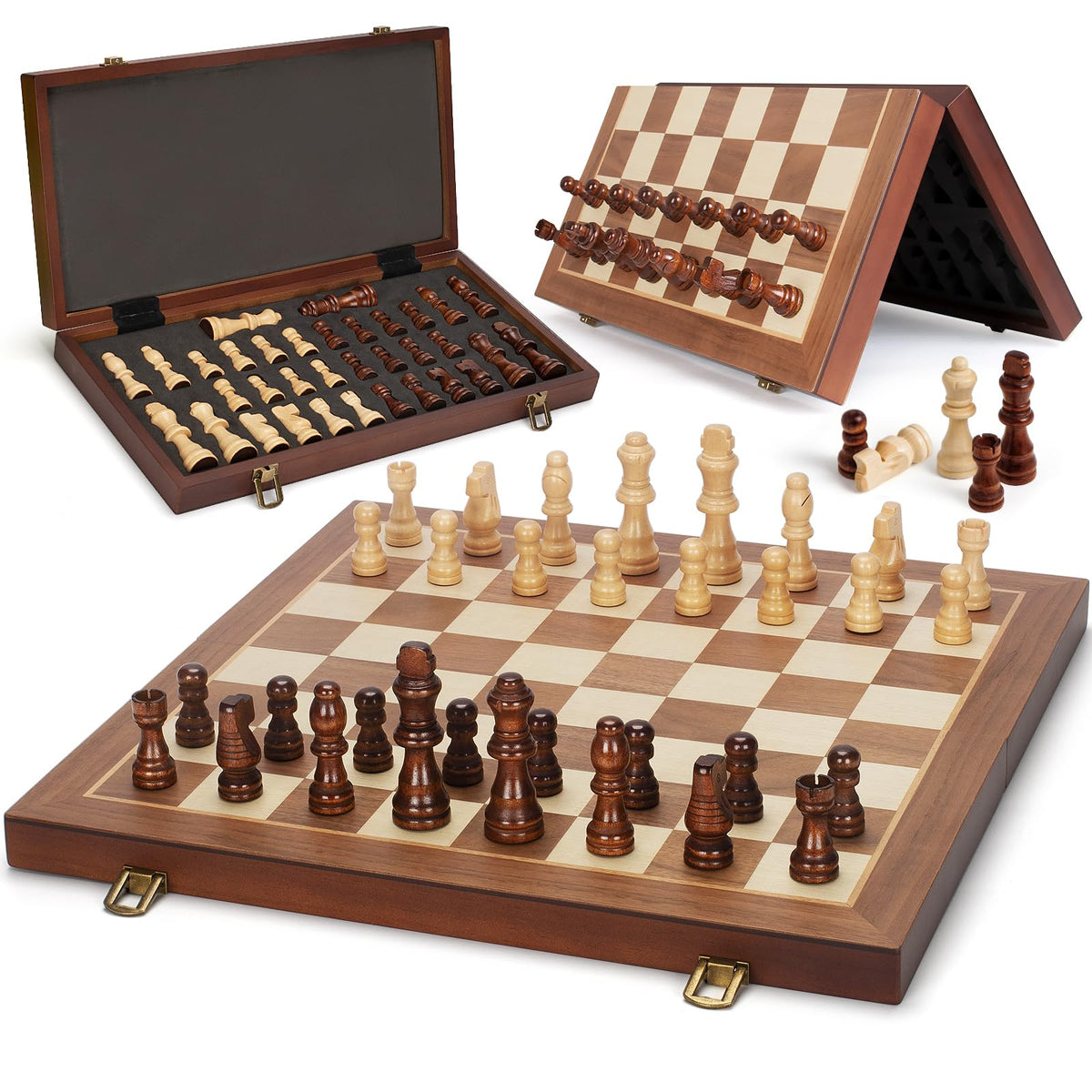 Jumlys magnetic wooden chess set on a 15-fold folding board, ideal for travel and tournaments.