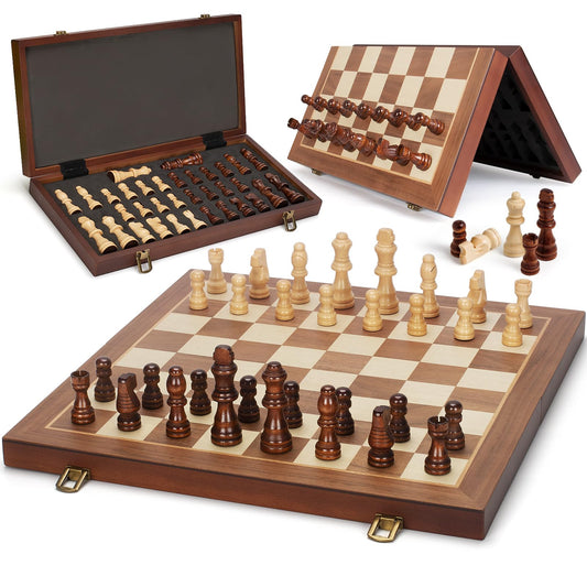 Jumlys magnetic wooden chess set on a 15-fold folding board, ideal for travel and tournaments.