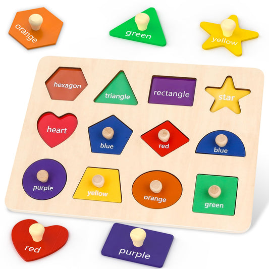 Jumlys Montessori wooden shape puzzle with 12 pieces for early color and shape recognition