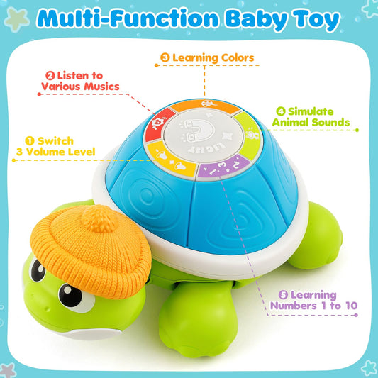 Jumlys musical turtle baby crawls behind the mother, inviting your little one to chase.