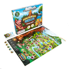Jumping High Five Baby Dinosaur Rescue components with dino figures and cards for cooperative play.
