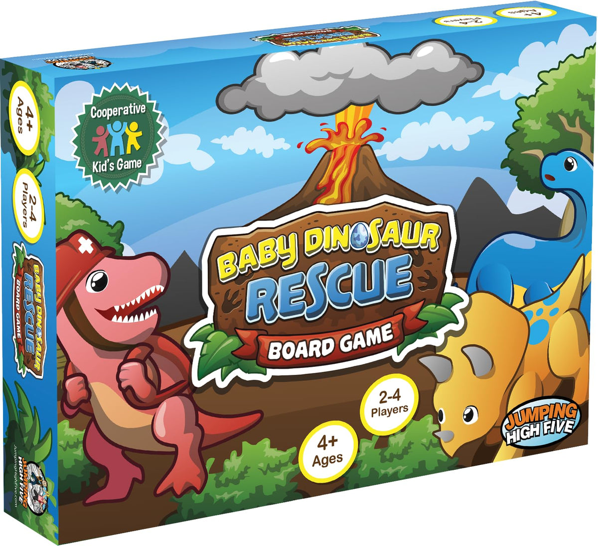 Jumping High Five Baby Dinosaur Rescue board game cover with colorful dinosaurs for family-friendly adventure.