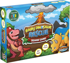 Jumping High Five Baby Dinosaur Rescue board game cover with colorful dinosaurs for family-friendly adventure.