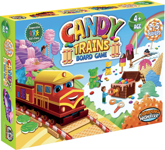 Jumping High Five Candy Trains board game box with colorful candy trains for family play.