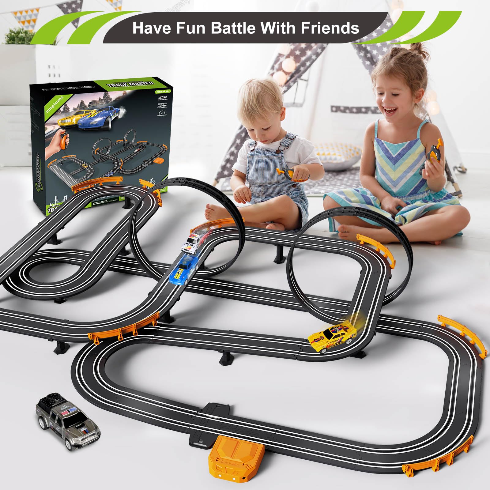 Jumplanma slot car track 32ft long layout for expansive racing sessions.