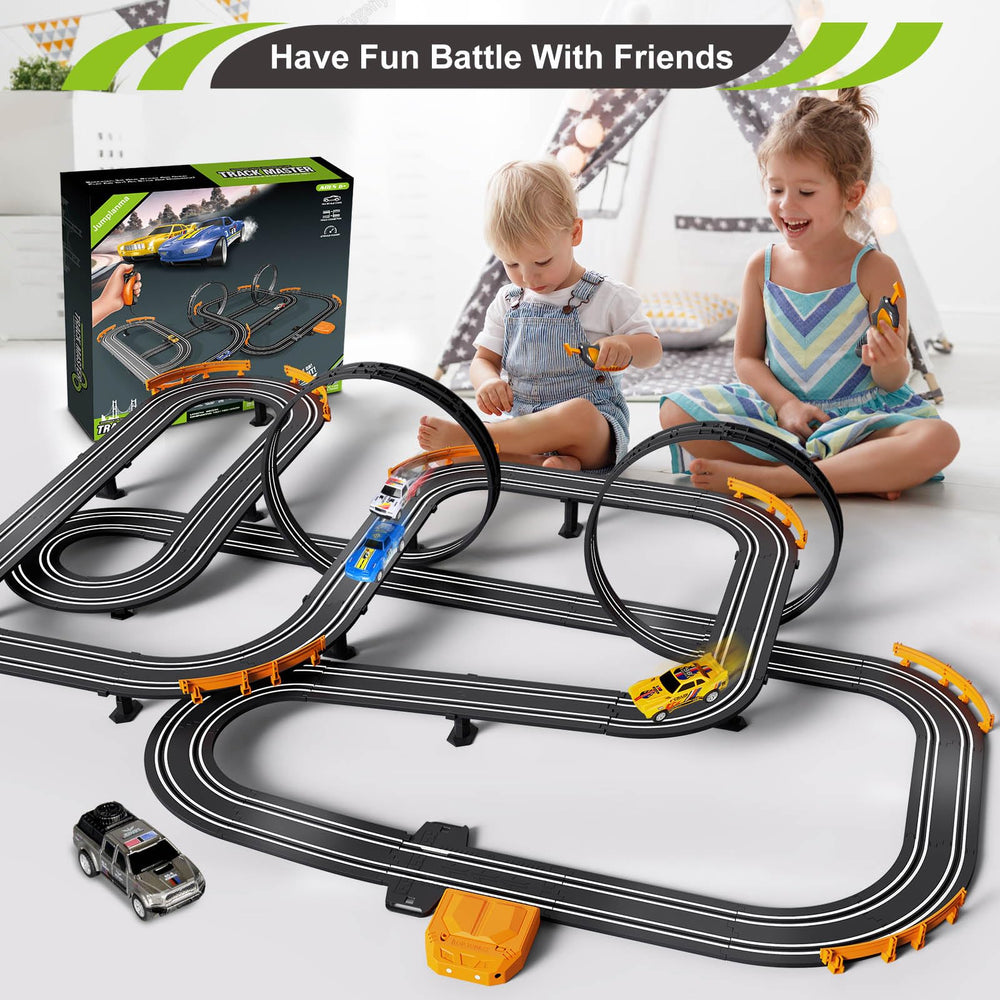 Jumplanma slot car track 32ft long layout for expansive racing sessions.