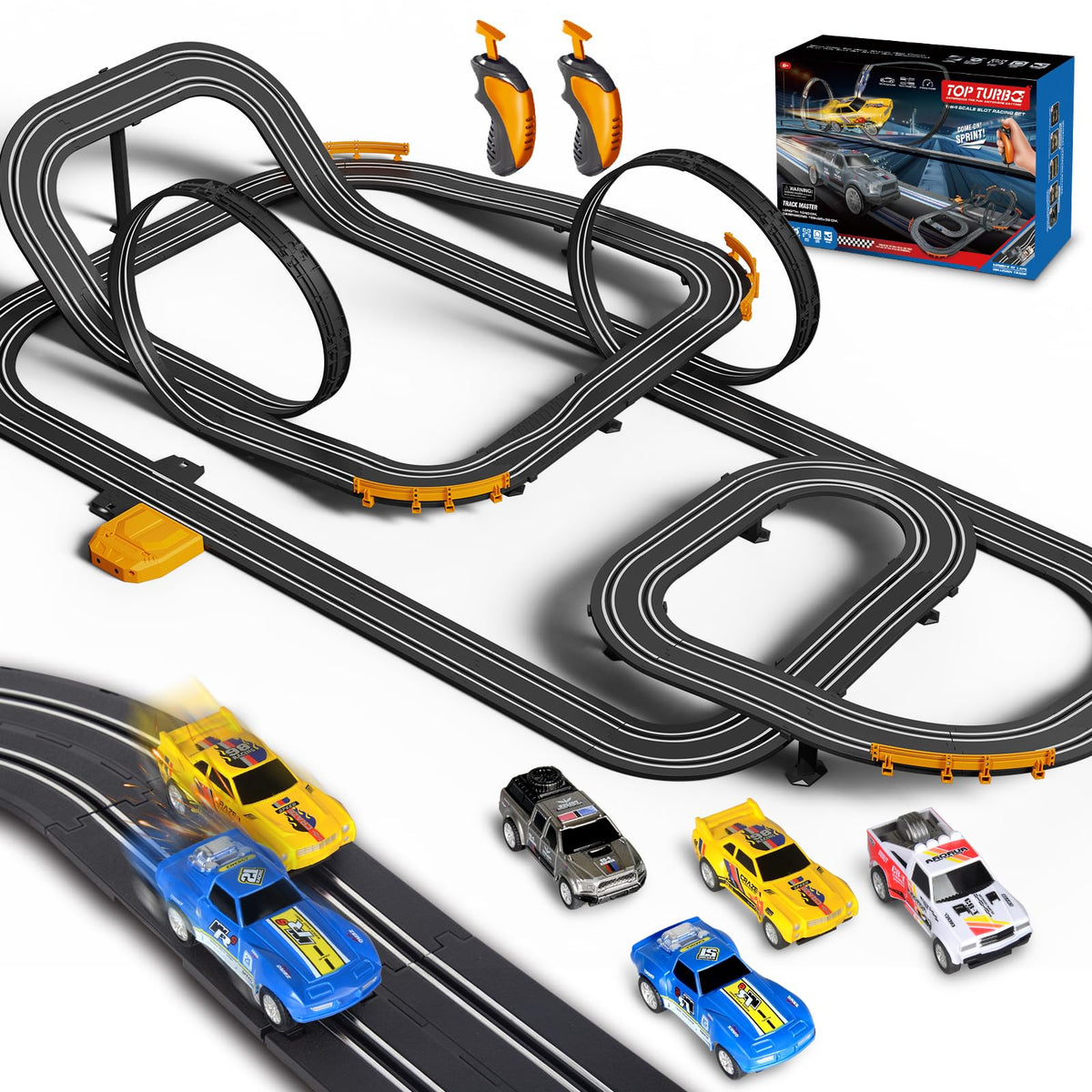 Jumplanma slot car track set with four cars ready for family races