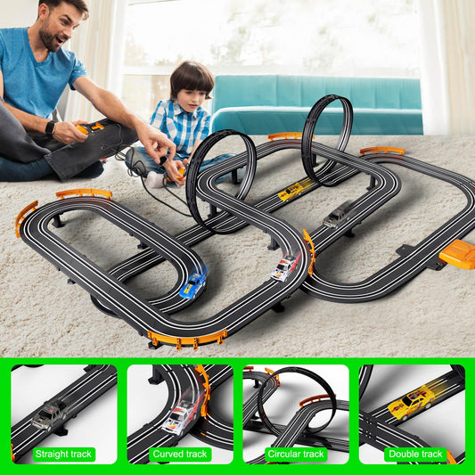 Jumplanma slot car track four cars in action on a vibrant race course.