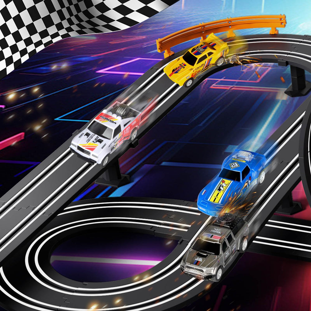 Jumplanma slot car track includes two hand controllers for two-player competition.