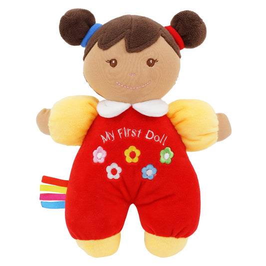 June Garden Ava in red outfit, a soft plush doll ideal for cuddling and play.