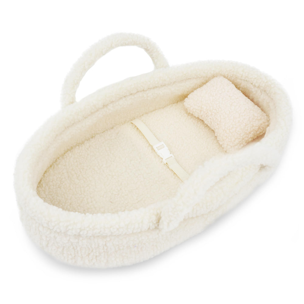 June Garden Cozy Dream Doll Bassinet in cream white fabric, a soft, cozy space for 14-inch dolls