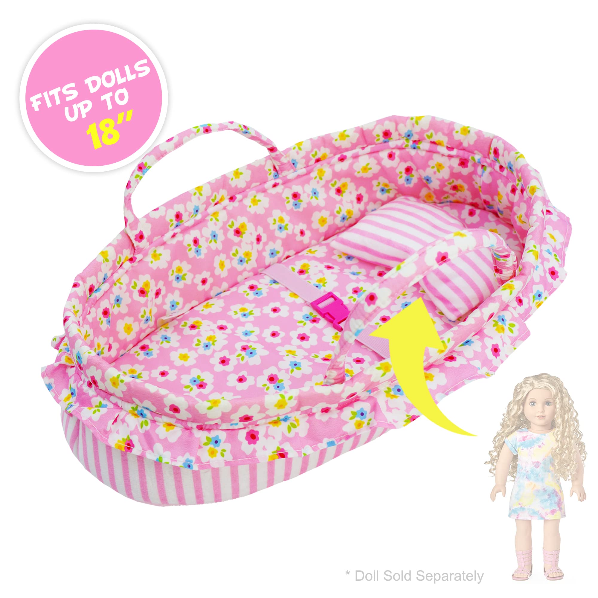 June Garden Cozy Dream Doll Bassinet pink lining with floral pattern