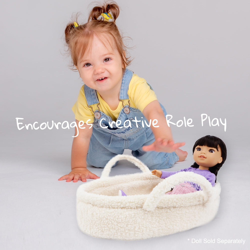 June Garden Cozy Dream Doll Bassinet features ultra-soft faux lamb fur fabric for cuddly play