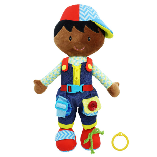 June Garden Dressy Friends Isaiah zipper practice enhances toddler fine motor skills during play