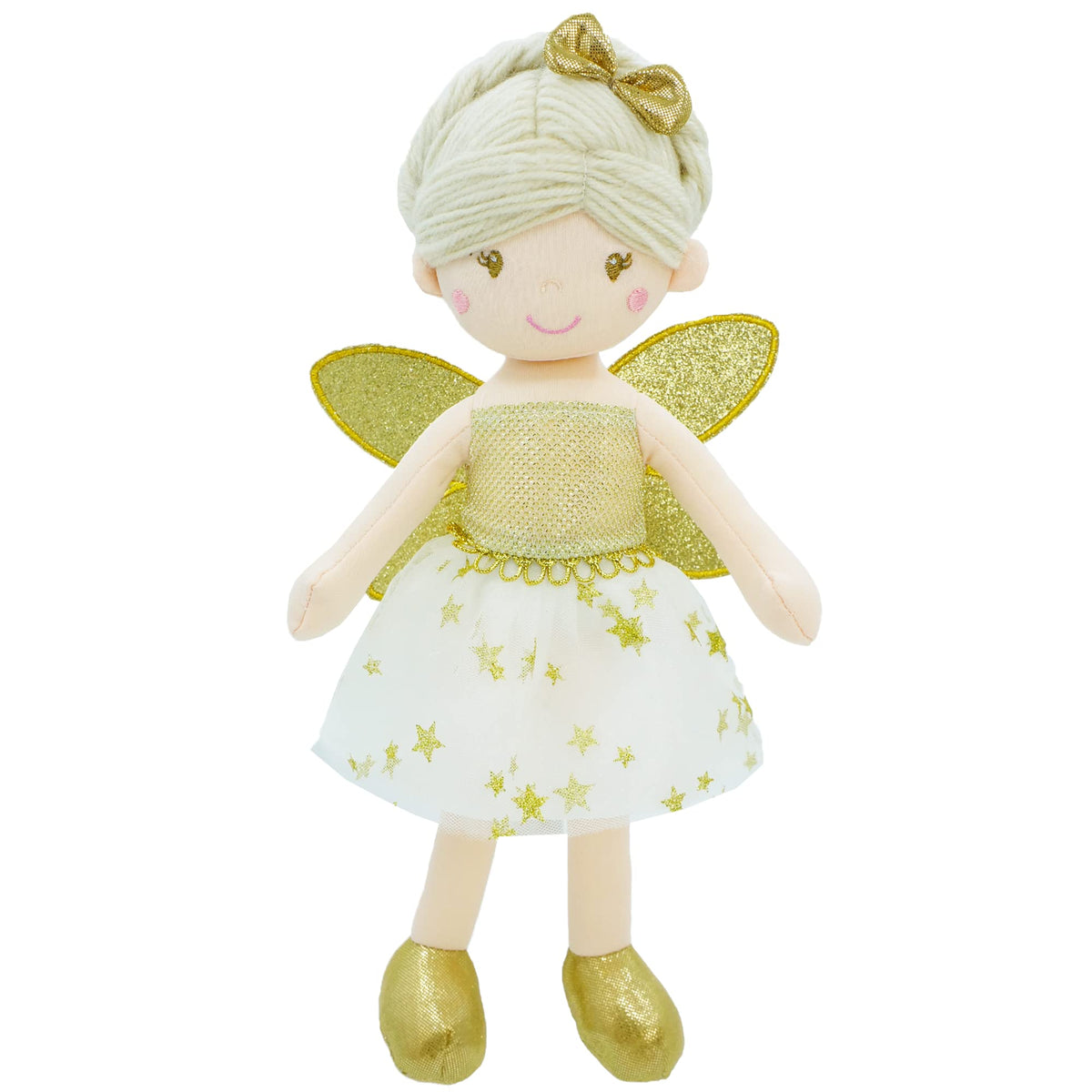 June Garden Joyce enchanted fairy doll with gold wings glows softly for bedtime wonder.
