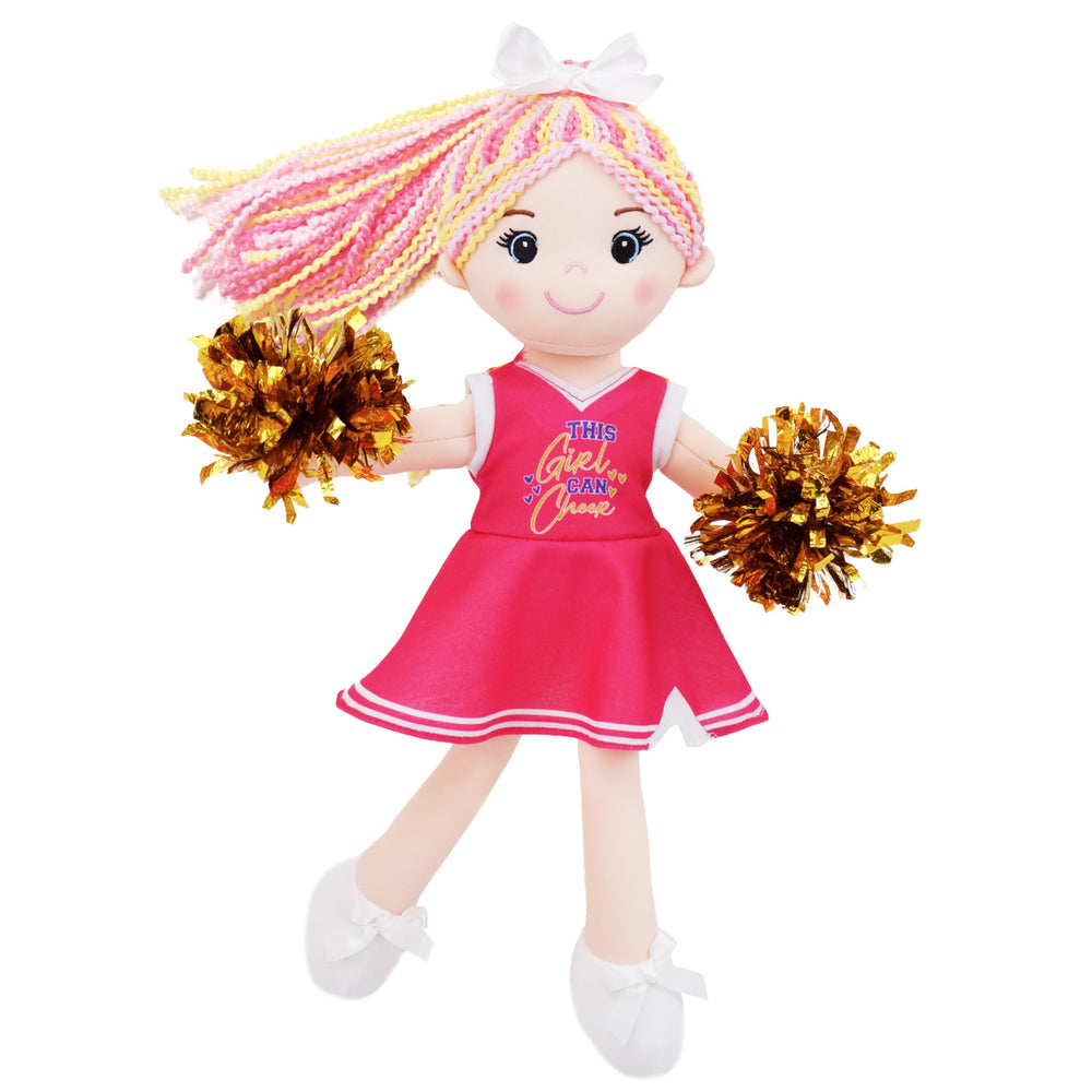 June Garden Sophie cheerleader pink outfit with gold pom-poms for imaginative play.