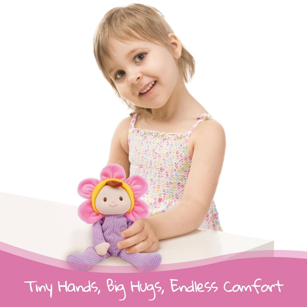 June Garden Florie Blossom face close-up with embroidered smile for baby interaction