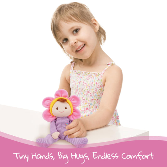 June Garden Florie Blossom face close-up with embroidered smile for baby interaction