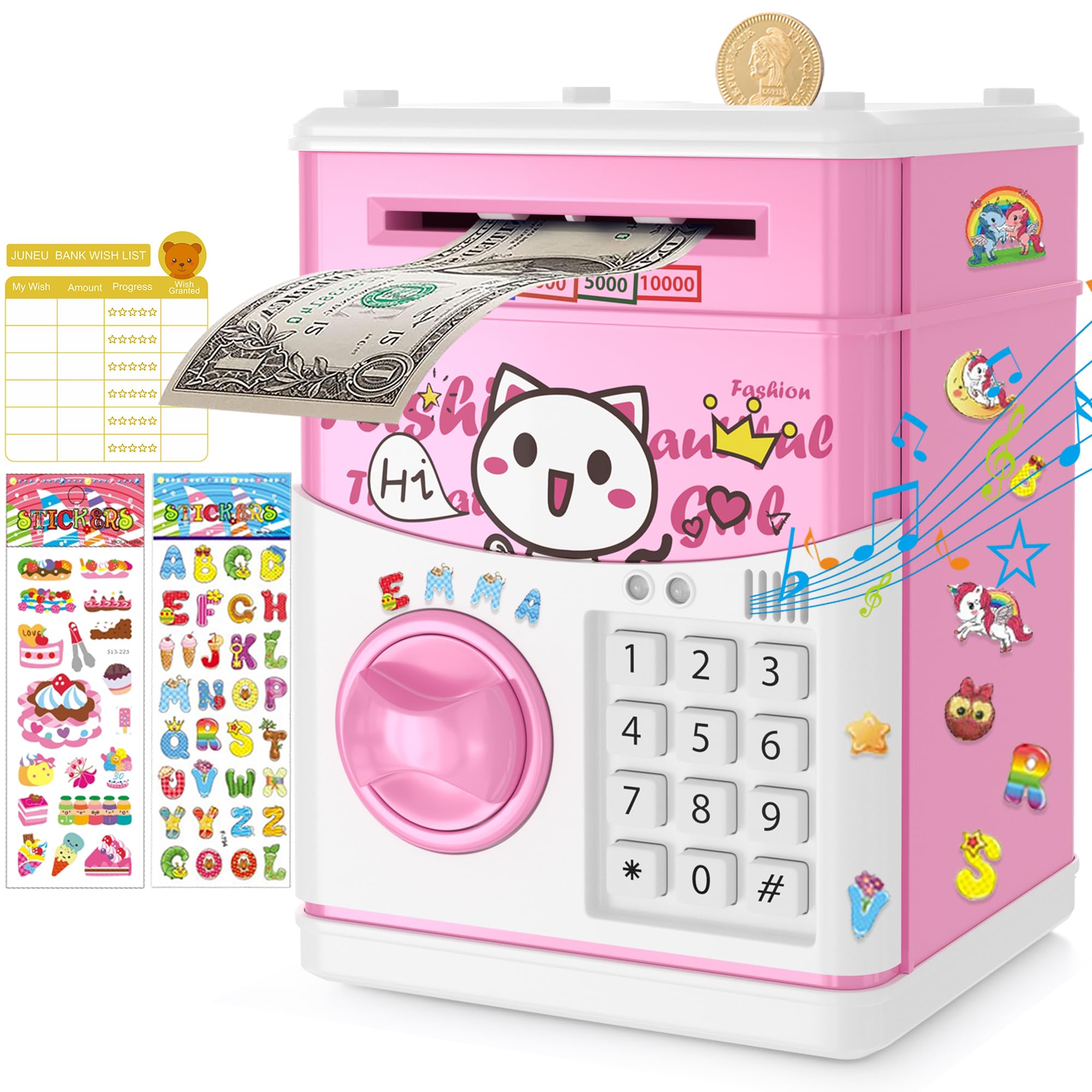 JUNEU piggy bank music-function close-up showing built-in songs for deposits