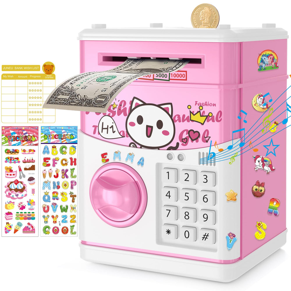 JUNEU piggy bank music-function close-up showing built-in songs for deposits