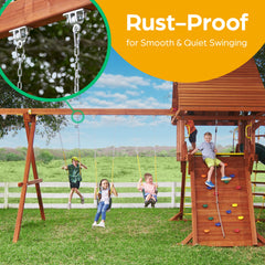 Jungle Gym Kingdom locking hooks secure swings for safe play.