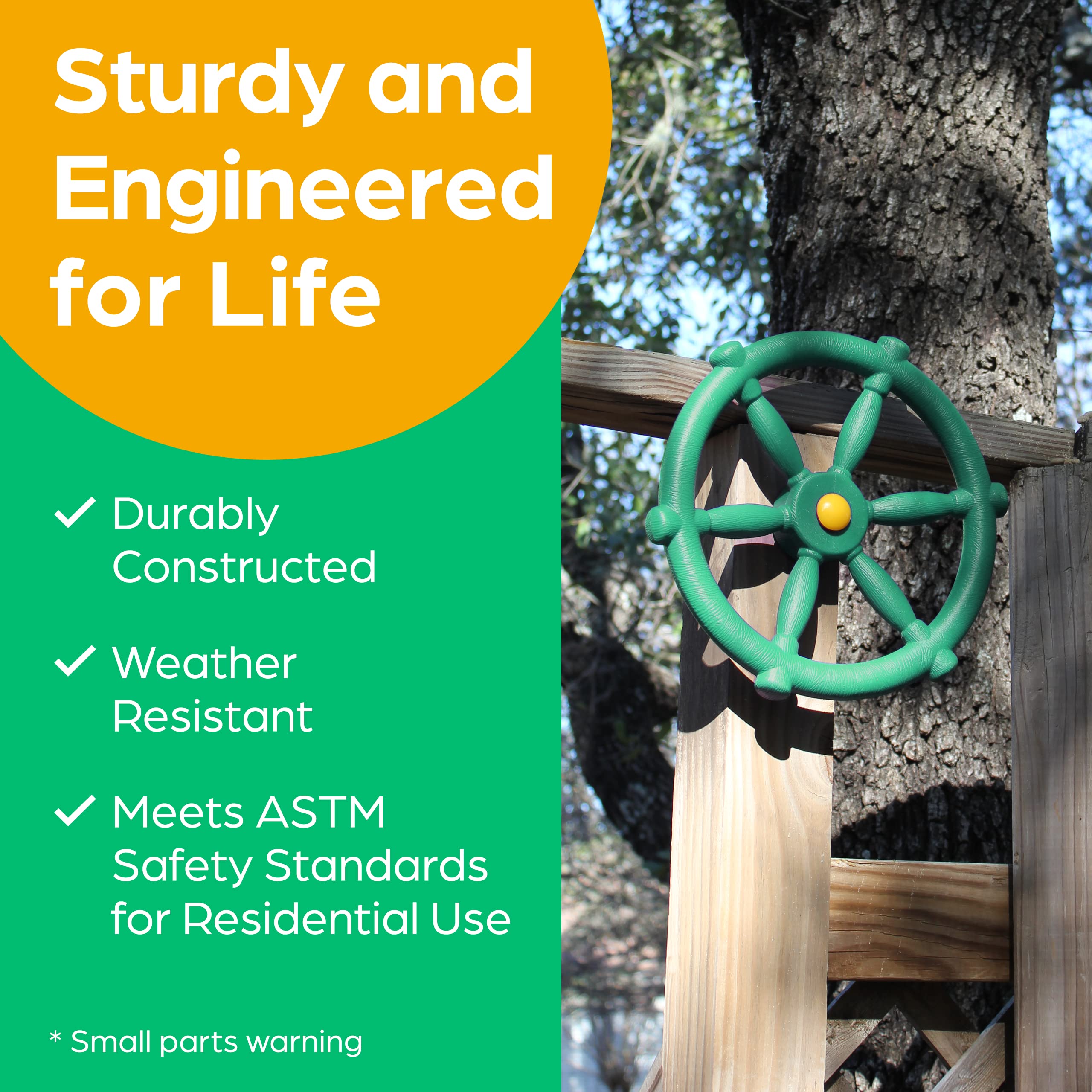 Jungle Gym Kingdom pirate ship wheel green mounted on a playhouse supports durable adventures