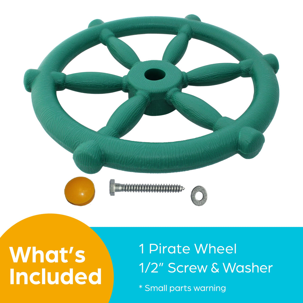 Jungle Gym Kingdom pirate ship wheel green attached to a playhouse for kids play