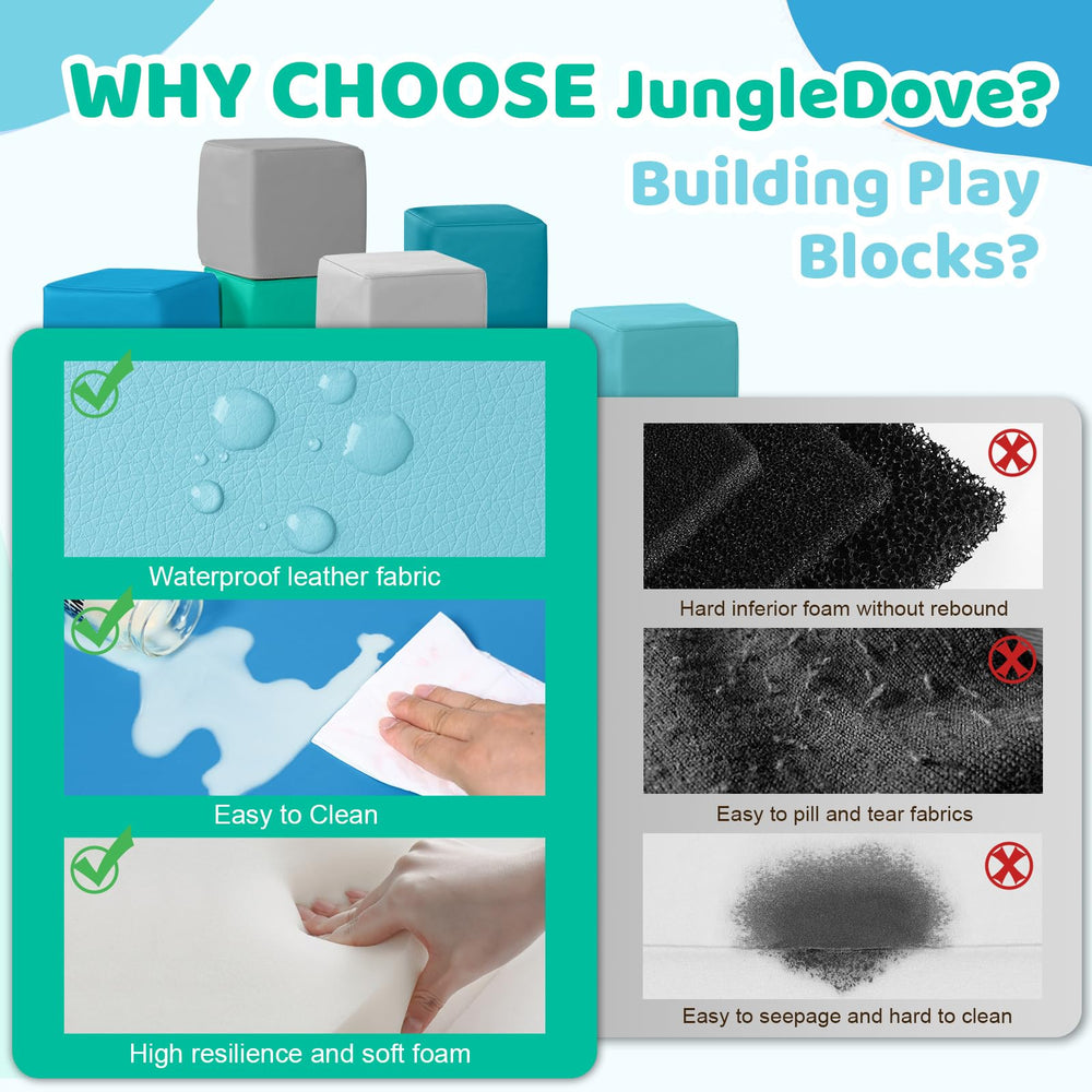 JungleDove toddler-stack-play image captures safe, soft blocks for climbing and tumbling.
