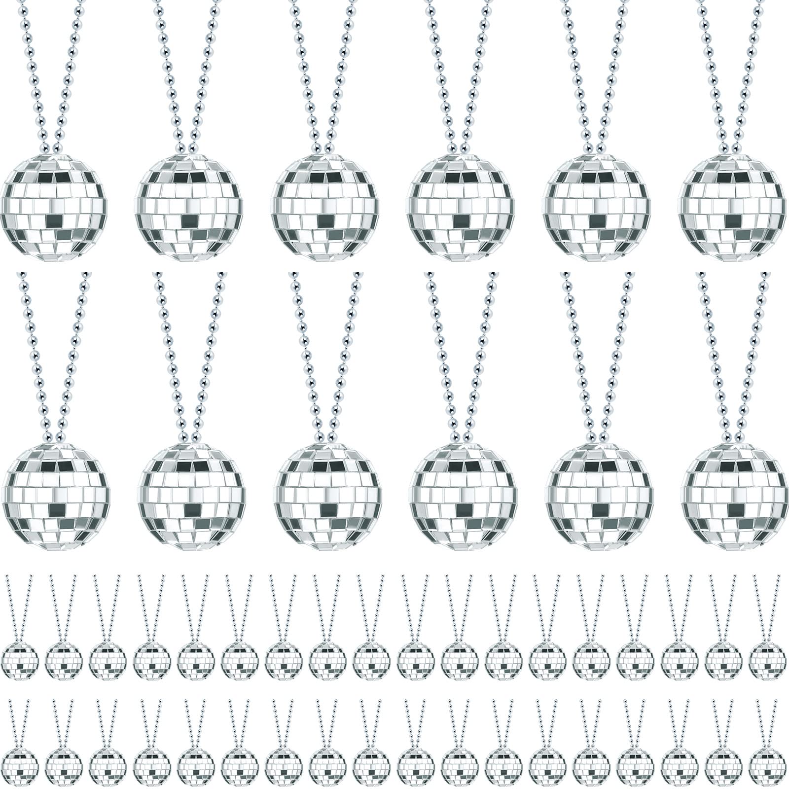 Junkin disco necklaces with 48 silver mirror balls reflect lights for festive décor