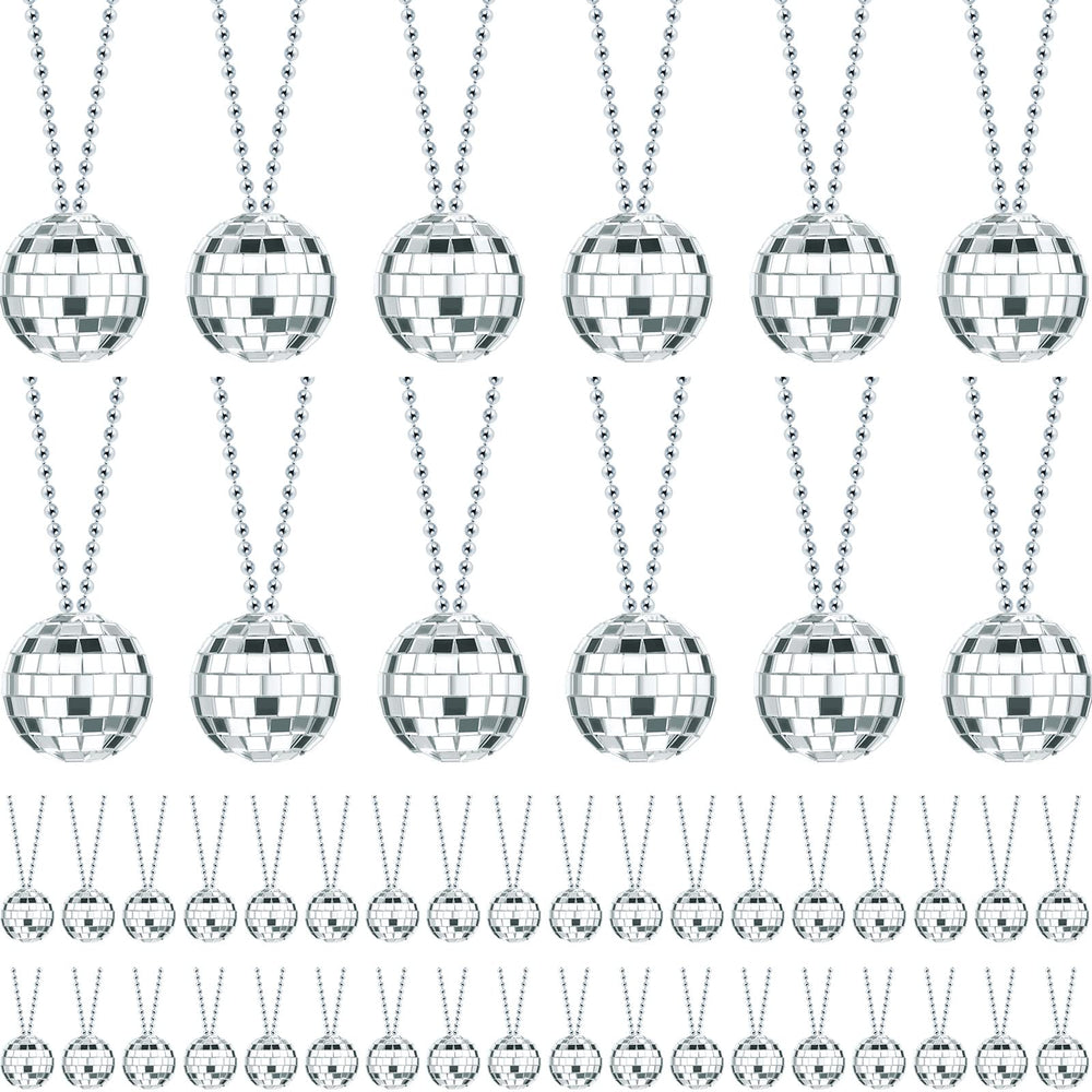 Junkin disco necklaces with 48 silver mirror balls reflect lights for festive décor